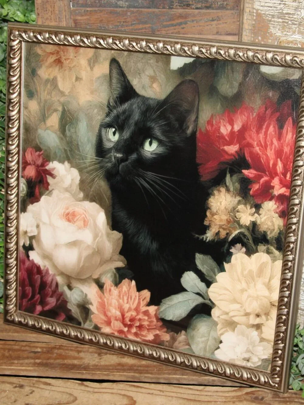 Gorgeous Moody Black Cat with French Floral Wall Decor Picture in Vintage Frame